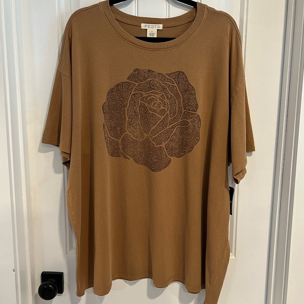 Festi Tobacco Brown Graphic T-Shirt with Rose Design. Size 1. NWT. - Picture 2 of 13